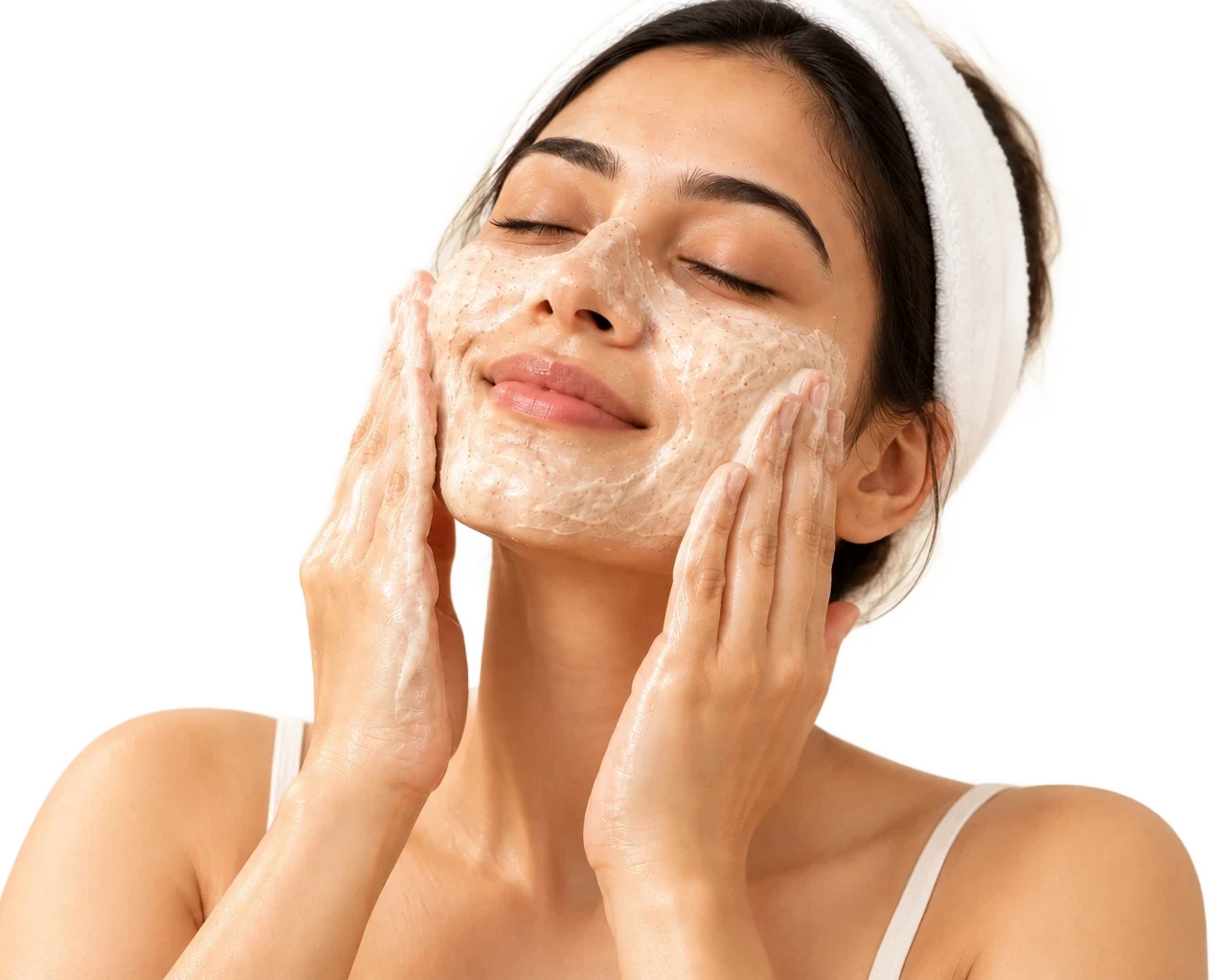 A woman massaging a Shiny Face cleansing paste onto her face
