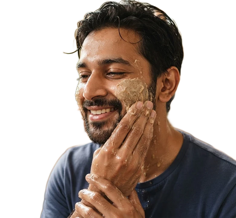 A man smiling as he gently scrubs his face with Shiny Face natural skincare powder