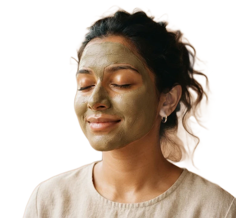 A woman relaxing with eyes closed while a Shiny Face face pack sets on her skin