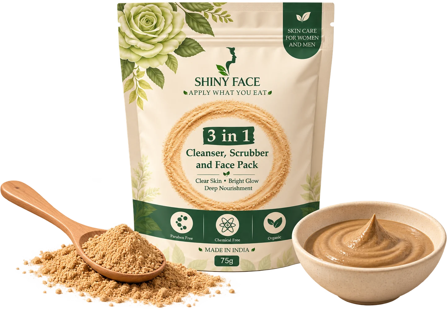 Shiny Face 3-in-1 Cleanser, Scrubber and Face Pack pouch with a wooden spoon of powder and a bowl of mixed paste