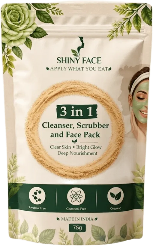 Front of the Shiny Face 3-in-1 Cleanser, Scrubber and Face Pack pouch