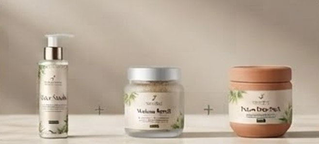 A face wash, a scrub jar and a face pack jar lined up on a shelf